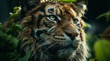 närbild Foto av en tiger ser några riktning på djungel. generativ ai