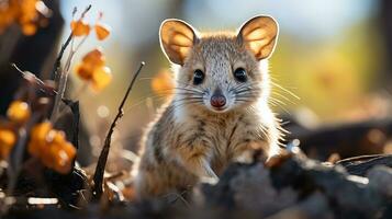 närbild Foto av en quoll ser några riktning. generativ ai