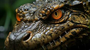 närbild Foto av en nile krokodil ser några riktning på djungel. generativ ai