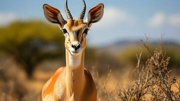 närbild Foto av en impala ser några riktning. generativ ai