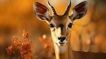 närbild Foto av en impala ser några riktning. generativ ai