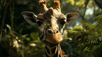närbild Foto av en giraff ser några riktning på djungel. generativ ai