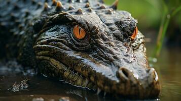 närbild Foto av en krokodil ser i deras livsmiljö. generativ ai