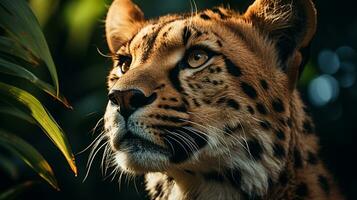 närbild Foto av en gepard ser några riktning på djungel. generativ ai