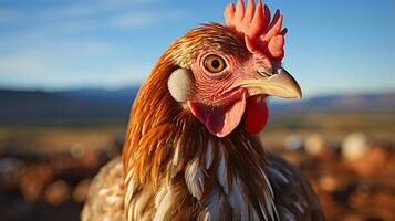 närbild Foto av en kyckling ser några riktning. generativ ai