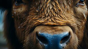 närbild Foto av en bison ser några riktning. generativ ai