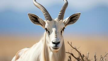 närbild Foto av en arab oryx ser några riktning i de öken. generativ ai