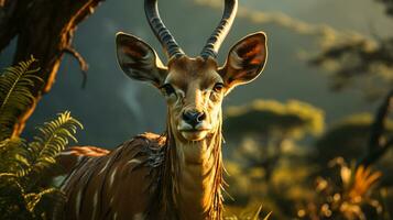 närbild Foto av en antilop ser några riktning på djungel. generativ ai