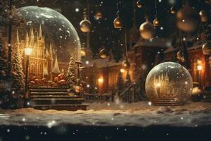 jul scen med snö kloten och lampor. generativ ai foto