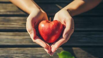 händer formning hjärta runt om äpple. generativ ai foto