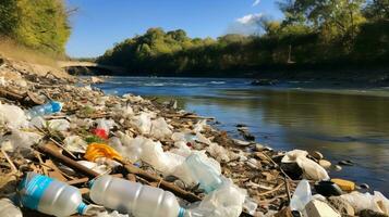 flodbank rörig med plast flaskor. generativ ai foto