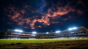 stadion upplyst under en dramatisk himmel. generativ ai foto