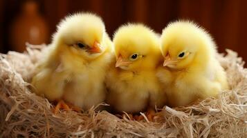 mysigt fluffighet förtjusande bebis kycklingar i en mjuk bo, ai generativ foto