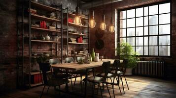 generativ ai, rustik industriell dining rum med årgång stil foto