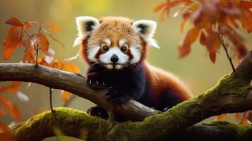 förtjusande röd panda förtjusande utgör på en gren, ai generativ foto