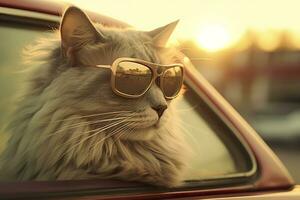 fånga en drömmande reflexion förbi fotografering en katt bär solglasögon med en årgång leica m6, highlighting de textur och kontrast av ett gammal timer bil. ai generativ foto