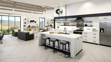 modern kulinariska hamn kök med öppen golv planen, generativ ai foto