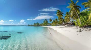 tropisk paradis strand med vit sand och kristall klar blå vatten. skön naturlig sommar semester högtider bakgrund. resa turism bred panorama bakgrund begrepp. ai generativ foto