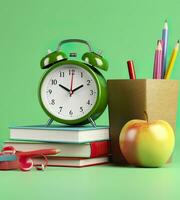 pop- konst illustration av skola Tillbehör med äpplen, böcker, och ett larm klocka på de skola bakgrund. tillbaka till skola begrepp. 3d tolkning, ai generativ foto