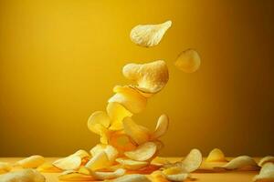 potatis pommes frites suspenderad i i luften, gul bakgrund, skildrar de fängslande chip framställning bearbeta ai genererad foto