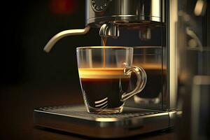 en professionell kaffe maskin framställning ett espresso kaffe i en glas kopp, ai generativ foto