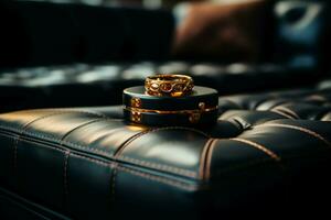guld ringar resten på de rik yta av en elegant läder soffa ai genererad foto