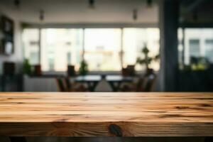 klar trä- tabell, modern kontor bakgrund, ett idealisk Plats till monter Produkter ai genererad foto