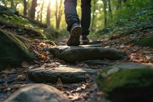 stänga upp en personens fötter gående på stenar, gående på en spår i de skog, resa begrepp. ai generativ foto