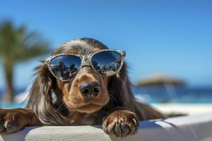 hund valp bär solglasögon, liggande på en solstol till sola på de strand hav på sommar semester, högtider. rolig begrepp. ai generativ foto