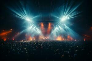 ai generativ fullt med folk konsert skede landskap med spotlights och färgad lampor realistisk bild, ultra hd foto