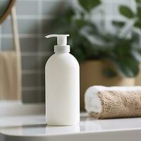 en vit flaska av schampo står på de tabell i badrum. ai generativ foto