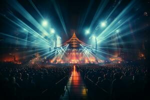 ai generativ fullt med folk konsert skede landskap med spotlights och färgad lampor realistisk bild, ultra hd foto