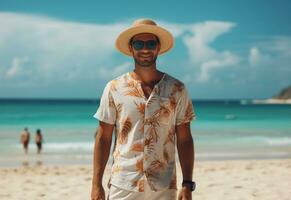 ai generativ tillbaka se ung turist man i sommar klänning och hatt stående på skön sandig strand. njuter. foto