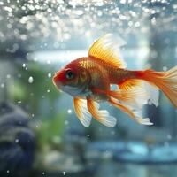 vackert färgad guldfisk simma i de klar akvarium vatten. 3d animering simning guldfisk. ai generativ foto