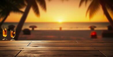 tömma trä- tabell i främre av suddig tropisk strand på solnedgång kväll. trä- bakgrund i strand. ai generativ foto