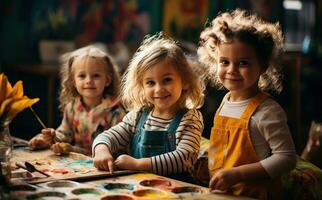 barn målning i konst klass foto