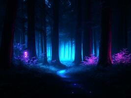 mörk skog i de natt, neon färger. generativ ai foto