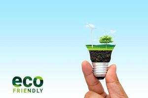 grönt eko-energikoncept. träd som växer inuti glödlampan. natur bakgrund. tänk grönt och ekologiskt koncept. världs miljö dagen. foto
