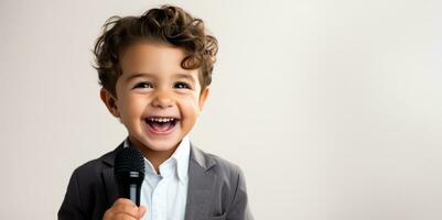 en modig barn innehav en mikrofon isolerat på en vit bakgrund foto