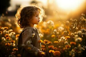 nyfiken barn förundras på blomning vild i en Sol dränkt äng foto