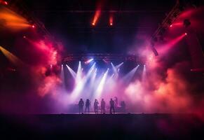 ai generativ konsert skede landskap med spotlights färgad lampor rök foto