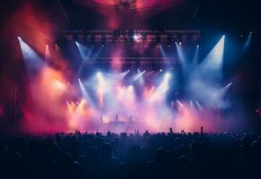 ai generativ konsert skede landskap med spotlights färgad lampor rök foto