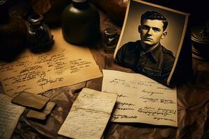 handskriven brev och vykort från veteraner isolerat på en nostalgisk lutning bakgrund foto