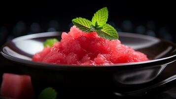 Foto av vattenmelon granita som en maträtt i en high-end restaurang. generativ ai