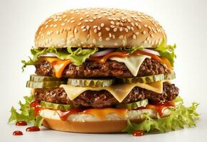 ai generativ dubbel- hamburgare isolerat på vit bakgrund färsk burger snabb mat med nötkött och grädde ost realistisk bild, ultra hd, hög design mycket detaljerad foto