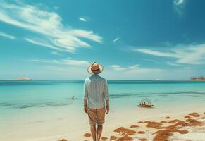 ai generativ tillbaka se ung turist man i sommar klänning och hatt stående på skön sandig strand. njuter. foto