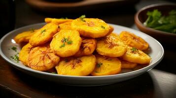 Foto av tostones - friterad plantains som en maträtt i en high-end restaurang. generativ ai