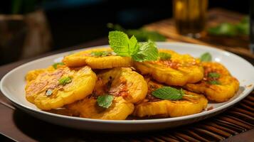 Foto av tostones - friterad plantains som en maträtt i en high-end restaurang. generativ ai