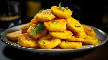 Foto av tostones - friterad plantains som en maträtt i en high-end restaurang. generativ ai