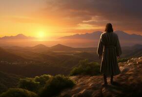 ai generativ Jesus christ i de kullar på solnedgång i bolta realistisk bild, ultra hd, hög design mycket detaljerad 8 K foto